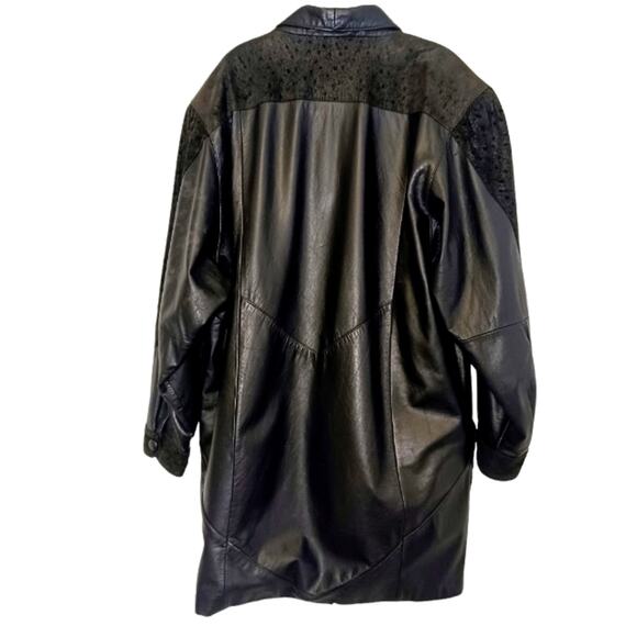 Y2K Leather Coat TEXTURED DETAIL Size L BLACK Patterned Accents Oversized Snaps - Picture 9 of 16